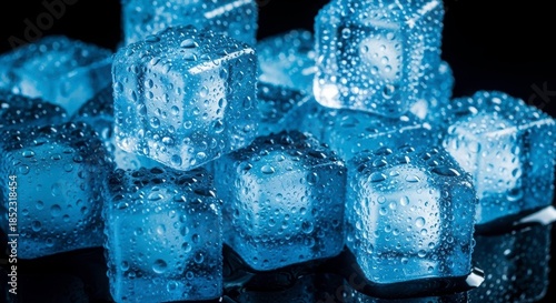 Crystal Cubes: a close-up image showing glistening ice cubes, frozen water forms a refreshing and visually appealing display.