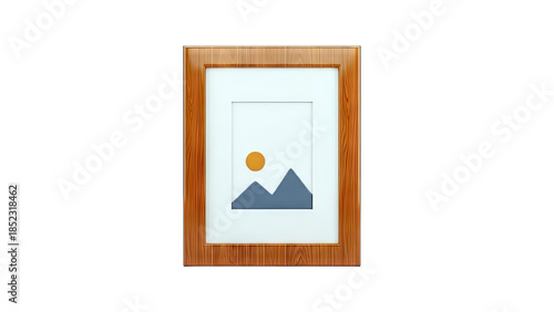 Wooden Picture Frame with Abstract Mountain and Sun Illustration