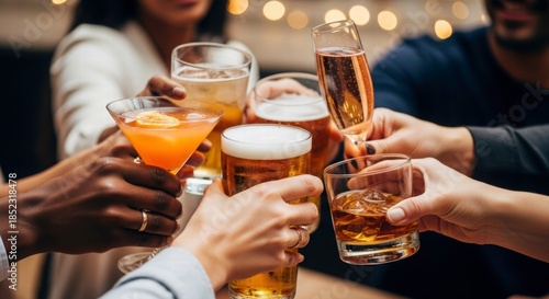 Cheers to Togetherness: A close-up view captures a convivial moment as friends gather, raising a diverse selection of glasses in a toast of celebration and friendship.
