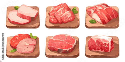 Vetor ilustrando seis diferentes cortes de carne fresca, como bife e lombo, em tábuas de madeira.