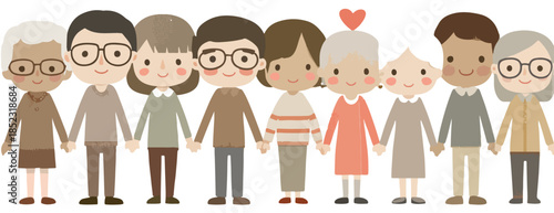 Grupo diversificado de pessoas de diferentes idades e etnias de mãos dadas em ilustração vetorial fofa.