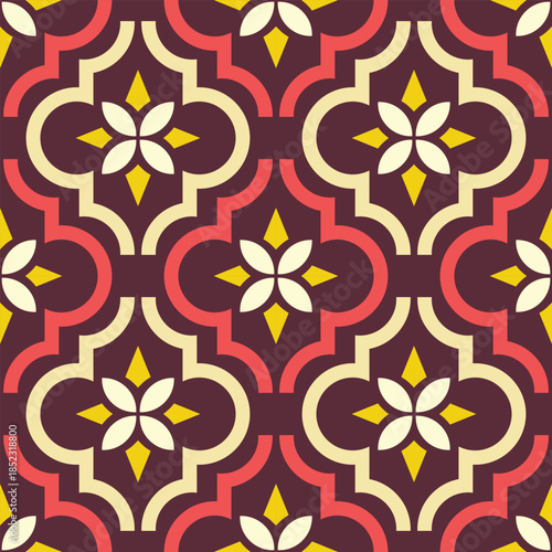 Seamless Moorish-inspired vector pattern with matching colors and elegant geometric details. Perfect for textiles, wallpapers, branding, packaging.
