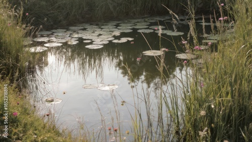 Serene pond with lily pads and surrounding greenery reflecting sunlight.