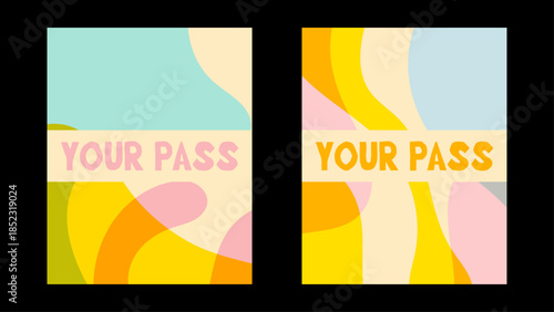Colorful doodle event pass ticket with abstract playful shapes and hand drawn lines. Creative modern design for festivals, parties, branding and access cards.