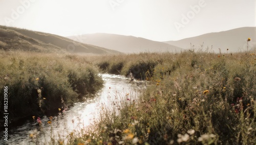 Serene river flowing through grassy landscape under a hazy sky.