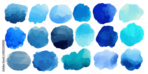 Coleção de manchas aquarela em tons de azul, incluindo turquesa, cobalto e azul celeste, para design.