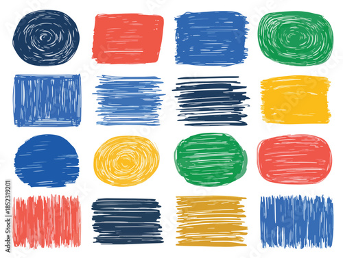 Conjunto de formas abstratas desenhadas à mão com pinceladas vibrantes em cores primárias e secundárias.