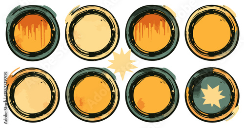 Conjunto de oito botões circulares em estilo grunge com texturas orgânicas em tons de amarelo e laranja.