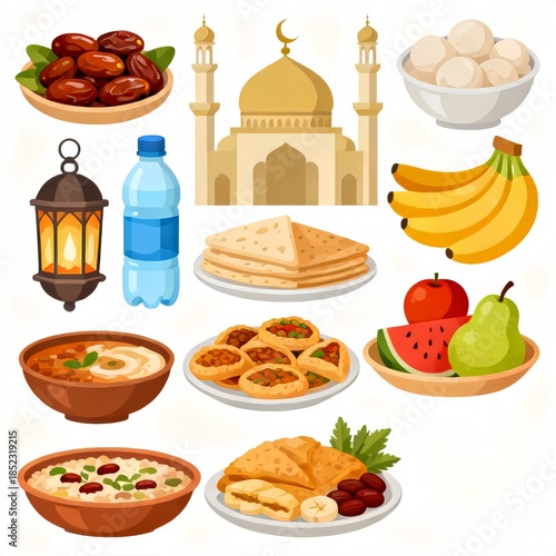 Illustration of Ramadan fast breaking dishes, menu for breaking the fast
