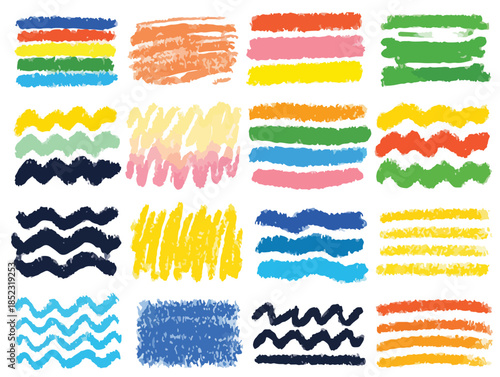 Coleção vibrante de pinceladas e manchas de giz de cera coloridas, traços abstratos para design gráfico.