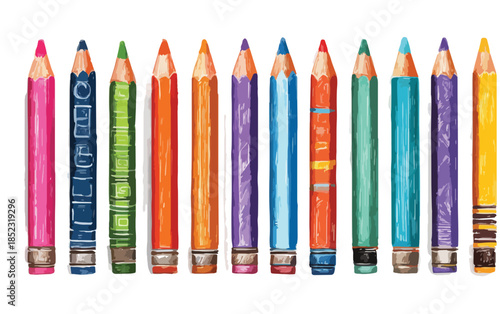Vetor de lápis de cor apontados em fila, ilustrando material escolar vibrante e artístico para desenho.