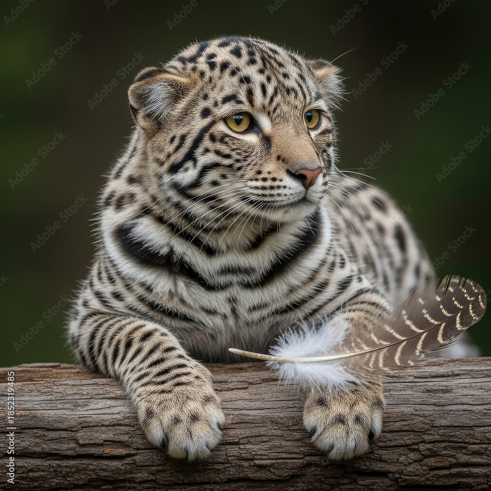 Fototapeta premium Young Ocelot Resting on a Log with a Feather, Wildlife Portrait.