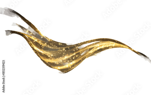 Onda fluida de brilho dourado cintilante com partículas de luz, ideal para design abstrato e festivo.