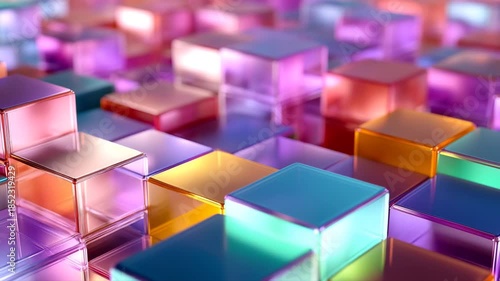 上下に動くたくさん敷き詰められた半透明のカラフルなキューブ