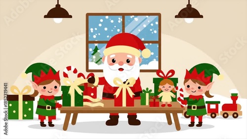 Jolly Santa Claus and his diligent elves busily prepare and wrap festive gifts in a cozy, snowy Christmas workshop, spreading holiday cheer and magic for children worldwide