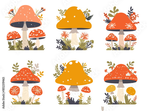 Coleção de cogumelos ilustrados em estilo retrô com chapéus vermelhos e laranjas sobre fundo transparente.