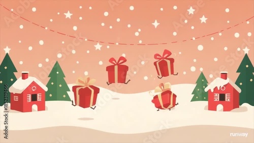 Charming holiday composition with snow falling on festive houses and pine trees, featuring a delightful shower of wrapped gifts, evoking winter joy
