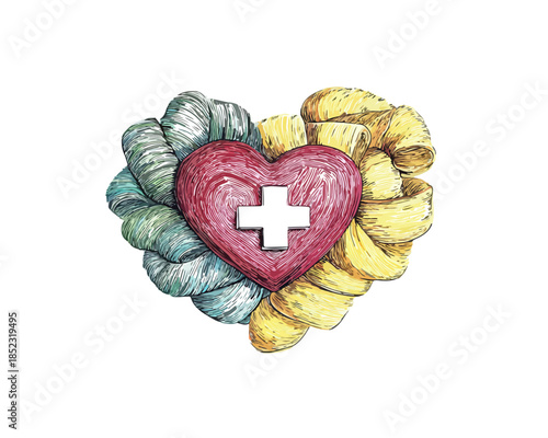 Coração desenhado com textura de tecido e cruz médica branca, símbolo de saúde e cuidado em fundo transparente.