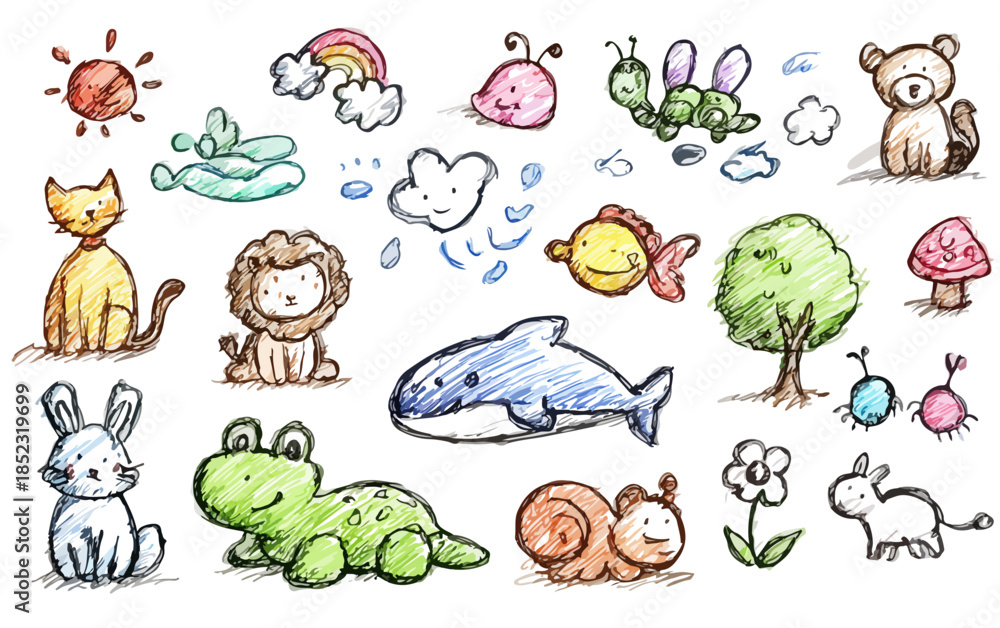 Obraz premium Coleção de desenhos infantis fofos de animais, natureza e clima em estilo rabisco com fundo transparente.