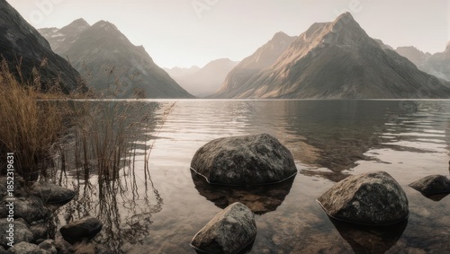 Serene Mountain Lake Landscape with Clear Water and Submerged Rocks at Sunset.