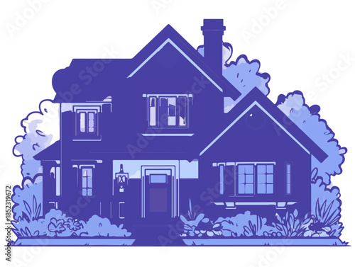 Ilustração vetorial monocromática de casa suburbana grande com vegetação, fundo transparente.