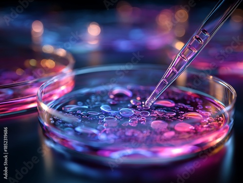 Close Up of Pipette Adding Liquid to Petri Dish with Blue and Purple Lighting