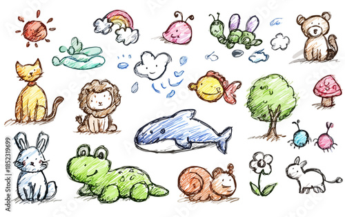 Coleção de desenhos infantis fofos de animais, natureza e clima em estilo rabisco com fundo transparente.