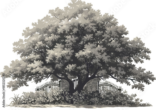 Ilustração vetorial de árvore grande e frondosa com portão de ferro forjado e vegetação ao redor.