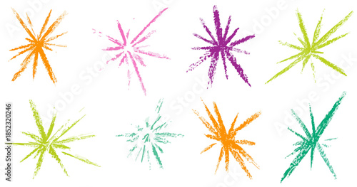 Conjunto de oito explosões de brilho e faíscas coloridas desenhadas à mão com fundo transparente para design.