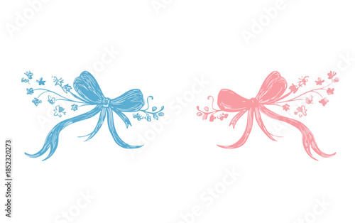 Laços decorativos desenhados à mão em tons de azul e rosa com folhagens delicadas, isolados em fundo branco.