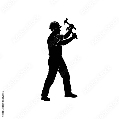 Active Construction Worker Vigorously Swinging Hammer While Wearing Hard Hat, Isolated White Background.