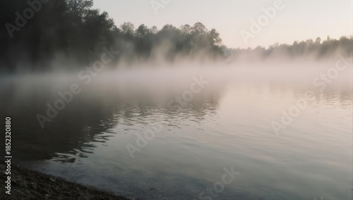 Misty Morning Lake Serenity with Forest Reflection.
