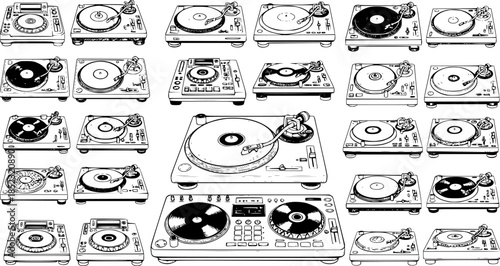 Music Industry DJ Turntable and Record Player Black and White Line Art Sketch Set. Hand-drawn Vinyl Deck Audio Equipment Icons for Seamless Pattern Design.