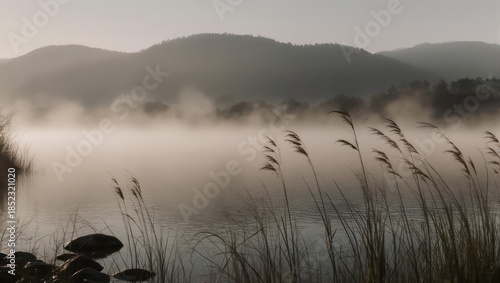 Misty Morning Lake with Reeds and Mountains.