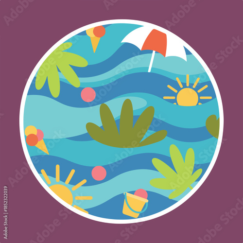 A vivid circular illustration in flat design, depicting a summer beach scene with wavy water, palm leaves, sun, ice cream, umbrella, and a sand bucket.