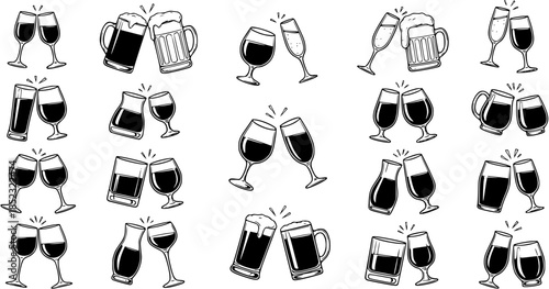Black  White Line Art Hand-drawn Vector Illustration of Toasting Glasses and Mugs. Diverse drinkware like wine, beer, champagne, and tumblers clinking, celebrating beverages, parties
