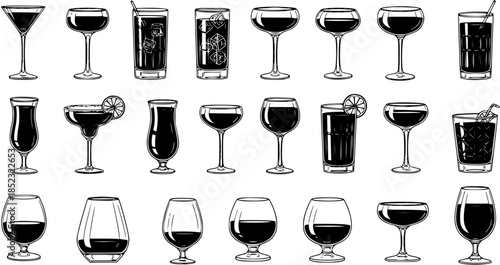 Black and White Line Art Vector Set of Alcoholic Cocktail Glasses and Beverages. Hand Drawn Drinkware Collection for Bar Menu, Restaurant, and Food  Drink Industry Design Elements.