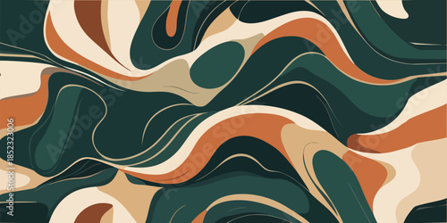 Abstract seamless pattern with fluid marble waves in forest green, burnt orange, and cream. Elegant organic liquid shapes for modern textile design