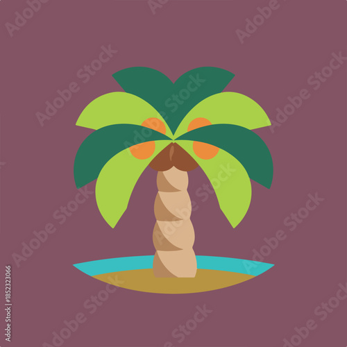A minimalist flat design illustration of a palm tree with green fronds and orange fruits on a small island in blue water against a purple background.