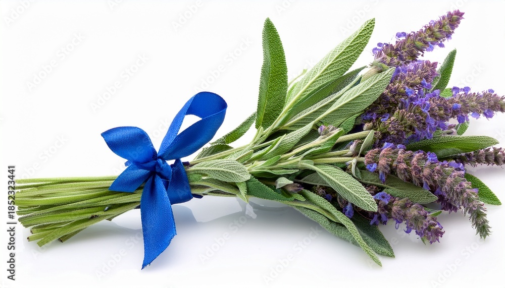 Naklejka premium Sage Flowers On Stems With Green Leaves Collected In Bunch With Blue Ribbon And Isolated On White Background