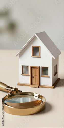 Mini house model on desk, magnifying glass nearby for detailed inspection or real estate focus.