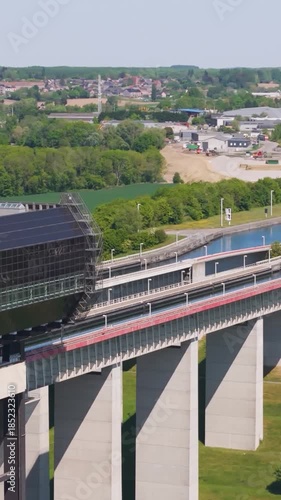 transitions backview strépy thieu boat lift building surroundings le rœulx hainaut belgium to from left right side drone panning shot strépy-thieu backside 