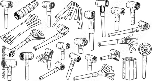 Black and White Line Art Hand Drawn Collection of Various Party Blowers and Festive Noise Makers. Outline Sketch for Celebrations and Events.