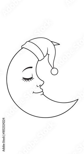 Whimsical sleeping moon in a crescent silhouette wearing a nightcap with a calm, dreamy expression.