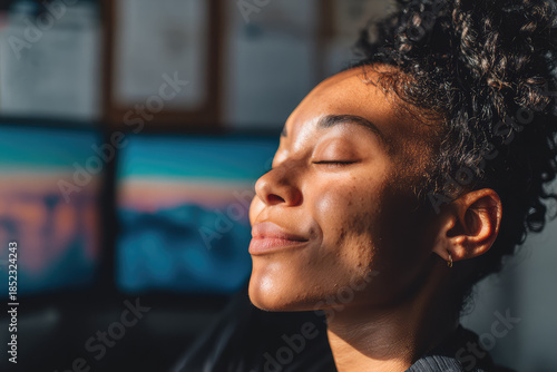 Peaceful African American woman taking break to declutter mind from digital work at computer desktop while enjoying warm sunlight. Happy female relaxing near technology looks calm and serene