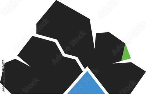 Abstract representation of a mountain range with geometric shapes and a cracked rock formation.