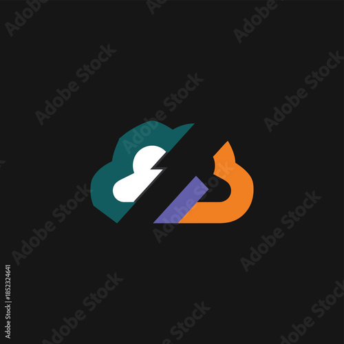 Abstract logo design featuring two halves of a cloud in contrasting colors, teal and orange, separated by a diagonal line.