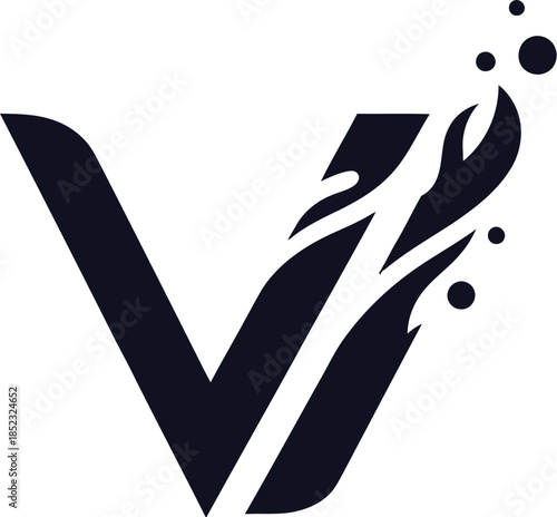 A stylized dark letter V with flames and bubbles emanating from its upper right side.