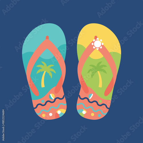 A pair of vibrant, summer-themed flip-flops featuring palm trees, a sun, and beach elements, displayed on a deep blue background.