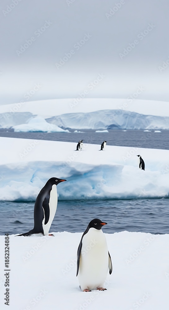 Fototapeta premium Adelie Penguins on Ice Floe in Antarctica - A Frozen Paradise.